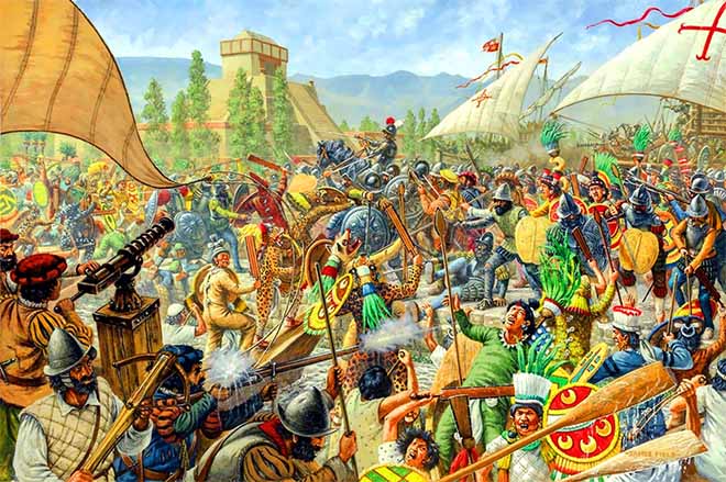 Hernan Cortes and the conquistadors defeats Aztecs of Tenochtitlan